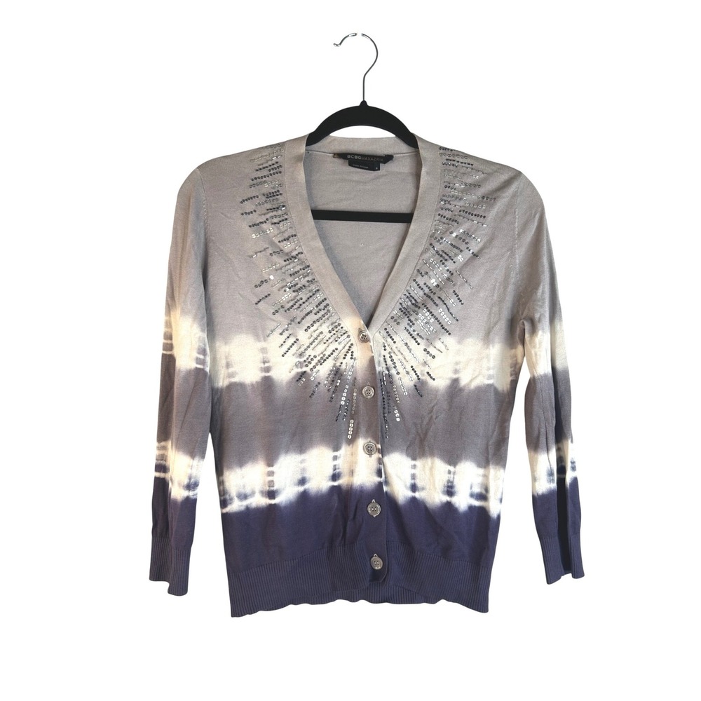 BCBGMAXAZRIA Womens Gray Tie Dye Sequin Embellished Silk Cardigan Sweater Size S